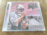 Death Leprosy 2xCD reissue cover with a person in a white outfit and hood, text 'LEPROSY' on a pink background