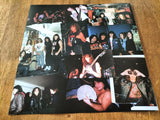 Collage of photos on a vinyl record cover with various images of people and musicians.