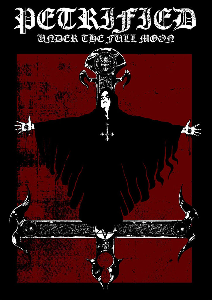 Cover of the book 'PETRIFIED: Under the Full Moon' featuring a black and red design with a stylized illustration and text.