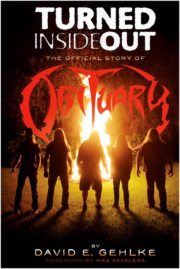 The cover of the hardcover book 'TURNED INSIDE OUT: The Official Story of Obituary' featuring a silhouette of the band Obituary with a dramatic sky background.