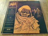 Death Leprosy Vinyl record cover with a sketched illustration of a person wearing a hood and text on a dark background