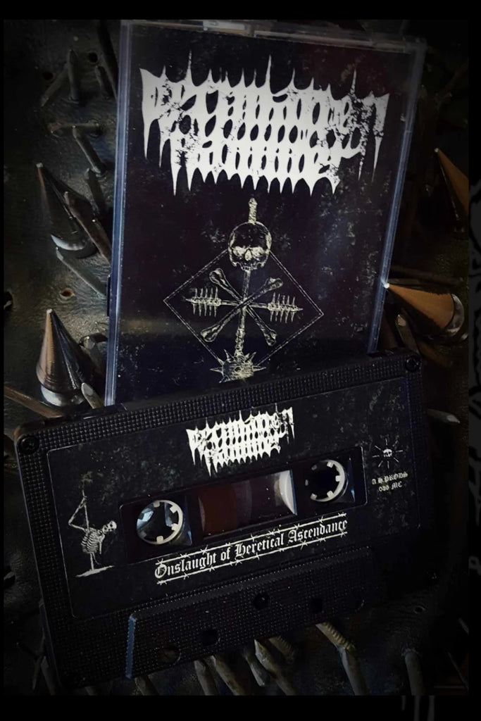 Black cassette tape with white text and graphics on a dark background