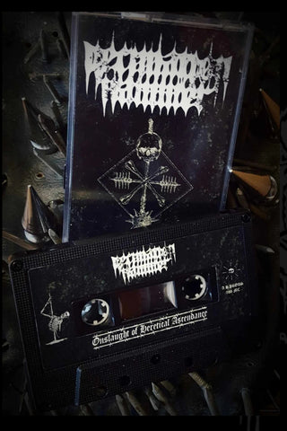 Black cassette tape with white text and graphics on a dark background
